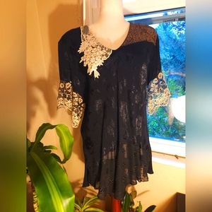 Vintage Spencer Alexis Asymmetrical Black & Gold Blouse with Lace